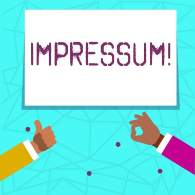 IMPRESSUM gösterilen not yazma. Başparmak yukarı ve Tamam işareti kazınmış Künye Geranalysis etkilendim deyim mülkiyet yazarlık iki işadamları eller eller vitrine iş fotoğraf.