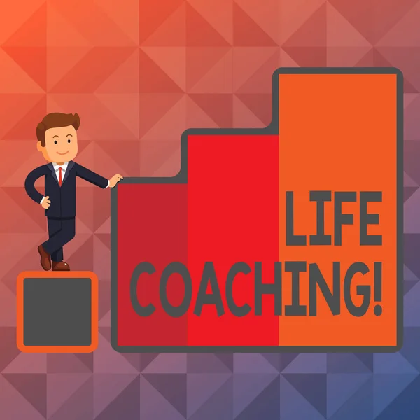 Text sign showing Life Coaching. Conceptual photo demonstrating employed to help showing attain their goals in career Happy Businessman Presenting Growth and Success in Rising Bar Graph Columns. — Stock Photo, Image