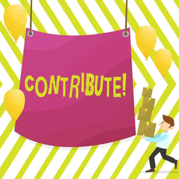 Word writing text Contribute. Business concept for Strategy Decision Teamworking For Achiving Common Successful Goal Man Carrying Pile of Boxes with Blank Tarpaulin in the Center and Balloons. — 图库照片