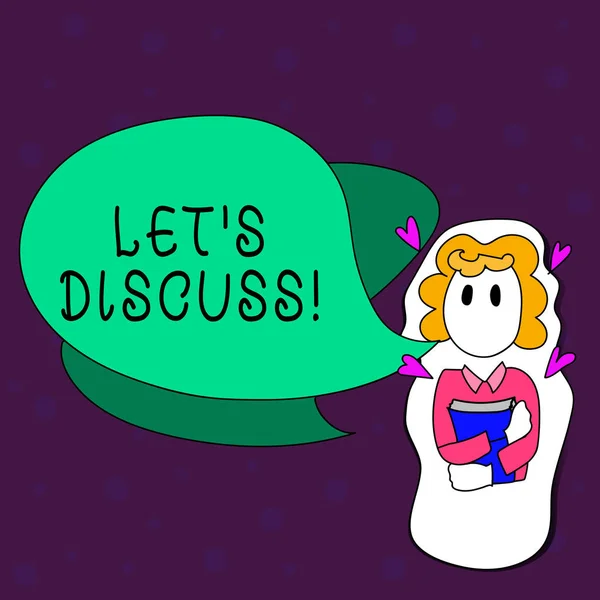 Text sign showing Let S Discuss. Conceptual photo asking someone to talk about something with demonstrating or showing Girl Holding Book with Small Hearts Around her and Two Color Speech Bubble. — 图库照片