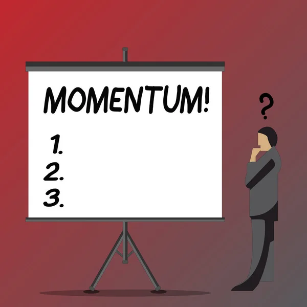 Signo de texto que muestra Momentum. Foto conceptual Cantidad de movimiento en el cuerpo en movimiento Producto de la masa y la velocidad Empresario con signo de interrogación Por encima de su cabeza De pie junto a la pantalla en blanco . — Foto de Stock