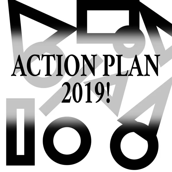 Conceptual hand writing showing Action Plan 2019. Business photo text proposed strategy or course of actions for current year Different Geometric Shapes on Outlined Scattered on White Surface.