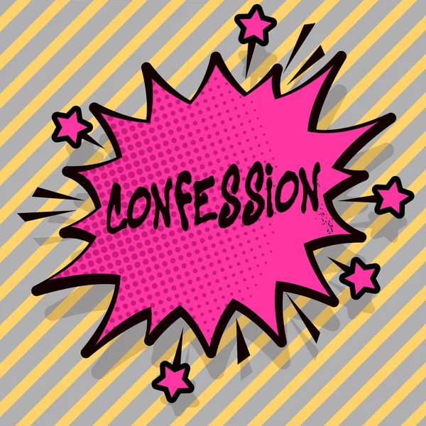 Writing note showing Confession. Business photo showcasing Admission Revelation Disclosure Divulgence Utterance Assertion Spiky Fight and Screaming Angry Speech Bubble with Outline. — Stock Photo, Image