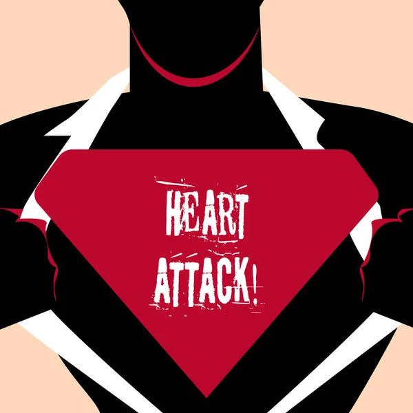 Handschrift Text Herzinfarkt. Konzept bedeutet plötzliches Auftreten einer koronaren Thrombose mit Todesfolge Mann in Superman-Pose öffnet sein Hemd, um das leere dreieckige Logo zu enthüllen. — Stockfoto