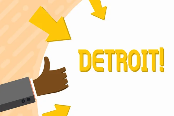 Texto de escritura Detroit. Concepto de negocio para la ciudad en los Estados Unidos de América Capital de Michigan Motown Hand Gesturing Thumbs Up and Holding on Blank Space Round Shape with Arrows . — Foto de Stock