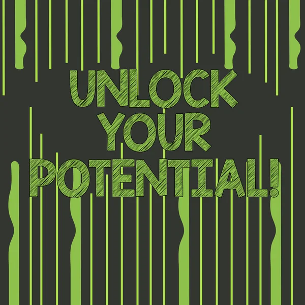 Znak tekstowy Wyświetlono Unlock Your Potential. Koncepcyjne ujawniają talent rozwoju zdolności Pokaż demonstratingal umiejętności streszczenie fotografii nierówne linie pionowe pochodzących od powyżej i poniżej. — Zdjęcie stockowe