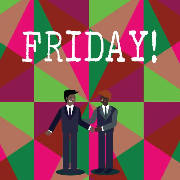 stock image Writing note showing Friday. Business photo showcasing Last day of working week Start weekend Relax time Businessmen Smiling and Greeting each other by Handshaking.