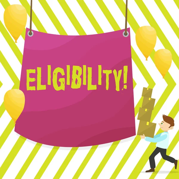 Word writing text Eligibility. Business concept for State of having the right for doing or obtain something Proper Man Carrying Pile of Boxes with Blank Tarpaulin in the Center and Balloons. — Stock Photo, Image