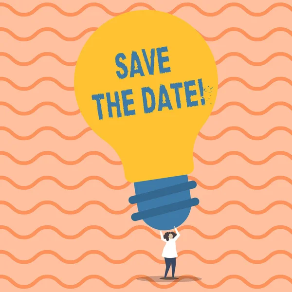 Writing note showing Save The Date. Business photo showcasing remember not schedule anything else on this day Person Standing Arms Holding Big Yellow Lightbulb for Ideas. — Stock Photo, Image
