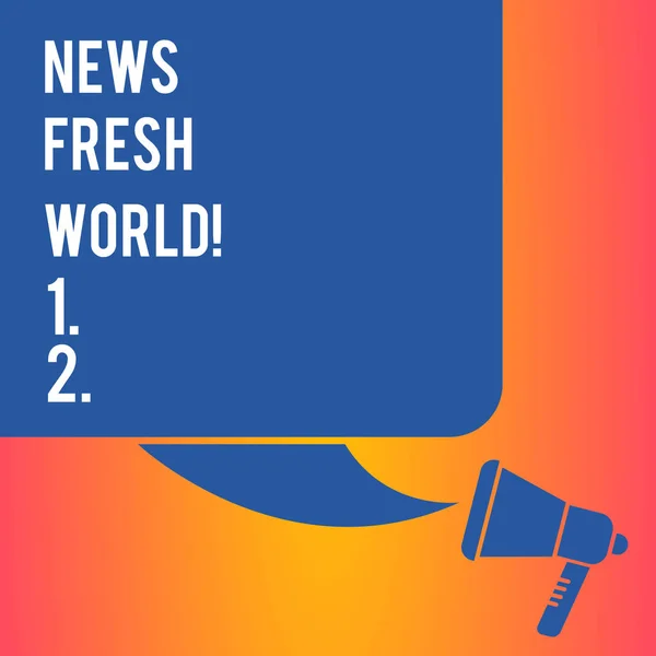 Handgeschreven tekst schrijven van nieuws Fresh World. Concept, wat betekent dat nieuwe ontvangen informatie met name over recente gebeurtenissen kleur silhouet van lege plein tekstballon en megafoon foto. — Stockfoto