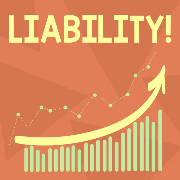 Handgeschreven tekst schrijven van aansprakelijkheid. Begrip betekenis staat van zijn wettelijk verantwoordelijk voor iets verantwoordelijkheid combinatie van kleurrijke kolom en grafische lijndiagram met pijl Going Up. — Stockfoto