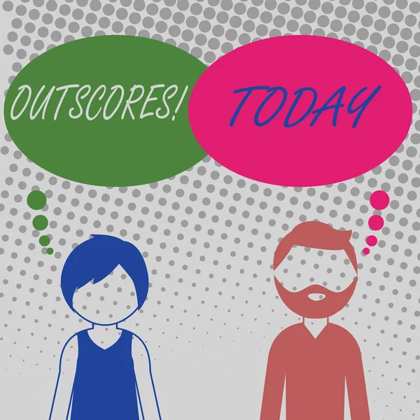 Texto de escritura Outscores. Concepto significado Puntuación más punto que otros Examination Tests running Health care Bearded Man and Woman Faceless Profile with Blank Colorful Thought Bubble . —  Fotos de Stock