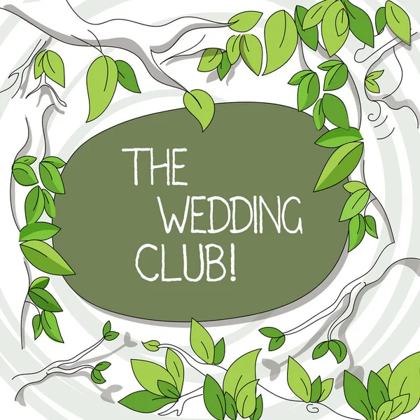 Uwaga: pisanie Wyświetlono The Wedding Club. Biznesowe zdjęcie prezentujący miejsce gdzie para wyrzuca duże strony dostawanie żonaty drzewo oddziałów rozrzuconych pozostawia otaczających puste kolor tekstu miejsca. — Zdjęcie stockowe
