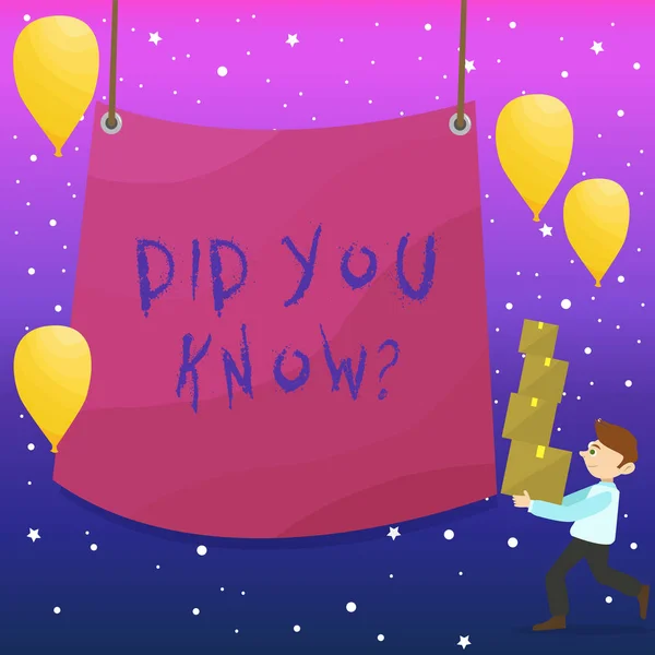 Handwriting text writing Did You Know Question. Concept meaning when you are asking someone if they know fact or event Man Carrying Pile of Boxes with Blank Tarpaulin in the Center and Balloons.