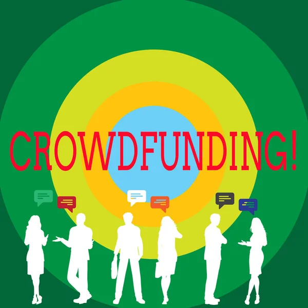 Εννοιολογική χέρι γραφή δείχνει Crowdfunding. Επαγγελματίες φωτογραφία προβάλλοντας χρηματοδότησης ενός έργου από τη συγκέντρωση χρημάτων από μεγάλο αριθμό δείχνει στοιχεία του άνθρωποι μιλούν με χειρονομίες και μπαλονάκι κειμένου. — Φωτογραφία Αρχείου