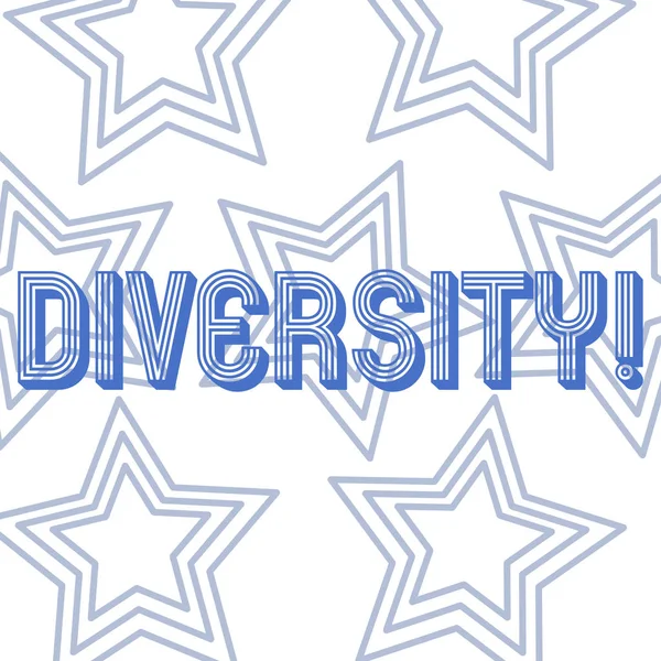 Text sign showing Diversity. Conceptual photo Being Composed of different elements Diverse Variety Multiethnic Repetition of Pentagon Star Concentric Pattern in Random on White Isolated. — Stock Photo, Image