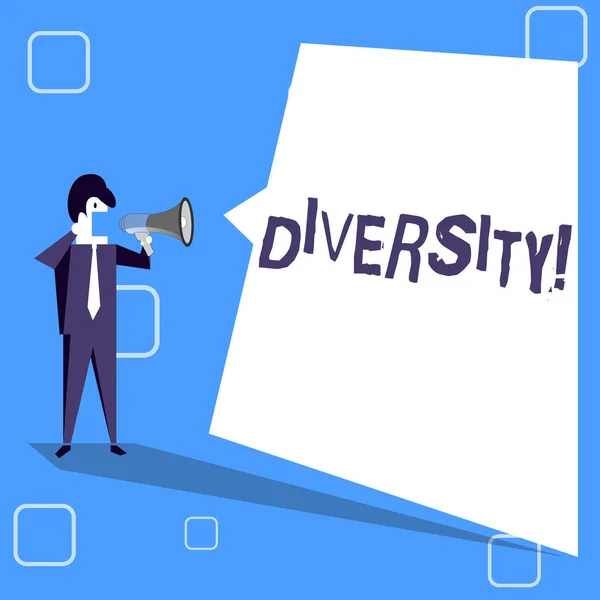 Handwriting text writing Diversity. Concept meaning Being Composed of different elements Diverse Variety Multiethnic Businessman Shouting on Megaphone and Blank White Uneven Shape Speech Bubble. — Stock Photo, Image