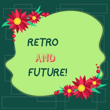 Retro ve gelecek gösterilen metin işareti. Gelecekteki featuring Uçan arabalar robotlar boş düzensiz renk şekil çiçek kenarlıklı kartları davet reklamlar için kavramsal fotoğraf iyimser yorum.