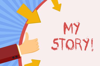 My Story gösterilen not yazma. İş fotoğraf vitrine geçmiş yaşam olayları eylemler veya el eller başparmak yukarı ve yuvarlak şekli tutan okları ile yapılan seçimler.