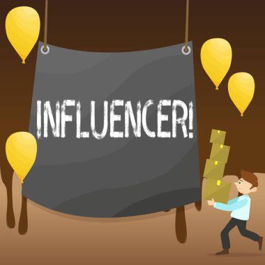 Etki unsuru gösterilen metin işareti. Kavramsal fotoğraf kişinin etkiler ve kararlar başkalarının adam taşıyan kazık, kutuları boş branda Merkezi ve balonlar ile görüşlerini etkiler.