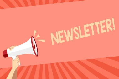 Kavramsal el bülten gösterilen yazma. Üye haber insan eli elinde megafon ses simge ve metin alanı ile iş fotoğraf vitrine için düzenli olarak gönderilen bülten abone.