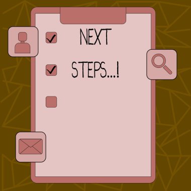 Metin işaret gösteren sonraki adımlar. Sonra yaptığın bir şey bitmiş önce bir Pano onay kutusunu ve 3 Apps simgeler yapıyor değerlendirme, güncelleştirmeleri, uyarı mektubu için kavramsal fotoğraf.