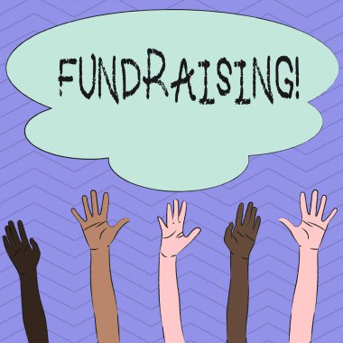 Kavramsal el bağış toplama gösterilen yazma. Renkli büyük bulut için sadaka neden veya kurumsal çok ırklı eller yükselterek kadar ulaşan için finansal destek arayışı vitrine iş fotoğraf.