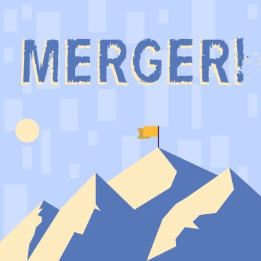 Birleşme gösterilen not yazma. İki şey veya şirketler Fusion koalisyon birleşme dağlar gölge gösteren gün zaman ve bayrak afiş ile kombinasyonu vitrine iş fotoğraf.