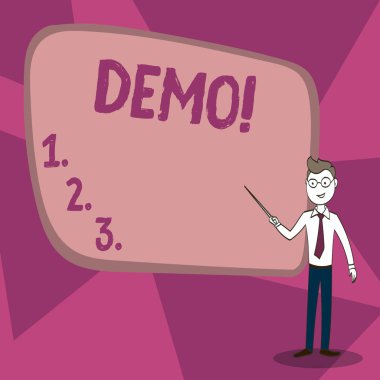 Word metin yazma Demo. İş kavramı için deneme Beta sürümü ücretsiz Test örnek önceki bir şey kravat, gözlük ve sopa göstererek renkli Pano için prototip kendine güvenen adam.