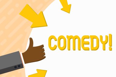 Word metin yazma komedi. Eğlence mizah hiciv Sitcom neşe şaka eğlence gülerek el el hareketi başparmak yukarı ve boş alan yuvarlak şekil tutarak oklarla için iş kavramı.
