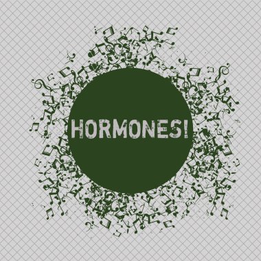 Hormonlar gösterilen not yazma. İş Fotoğraf Düzenleyici madde uyarmak için bir organizmada üretilen vitrine Disarrayed karışık müzik notlar simgesi ile renkli daire hücreleri.