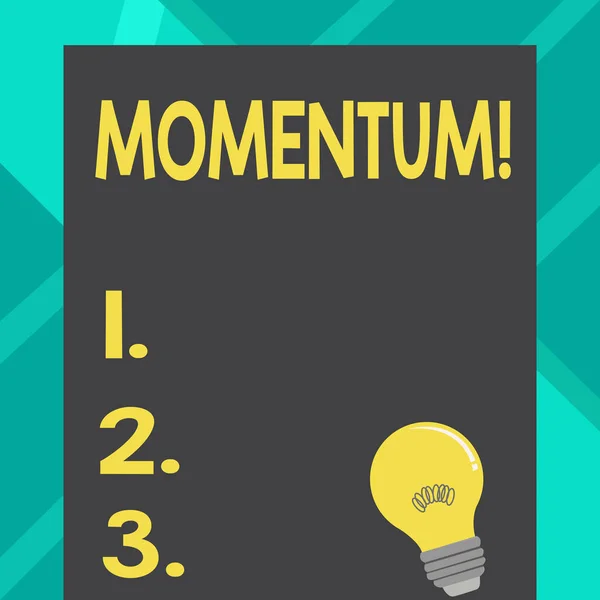 Text sign showing Momentum. Conceptual photo Quantity motion in moving body Product of mass and velocity Incandescent Light Bulb with Filament Inside Resting on Blank Color Paper.