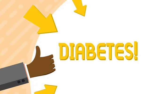 Texto de escritura de palabras Diabetes. Concepto de negocio para la enfermedad crónica asociada a altos niveles de azúcar glucosa en la sangre Mano Gestos Pulgares hacia arriba y sosteniendo el espacio en blanco Forma redonda con flechas . — Foto de Stock