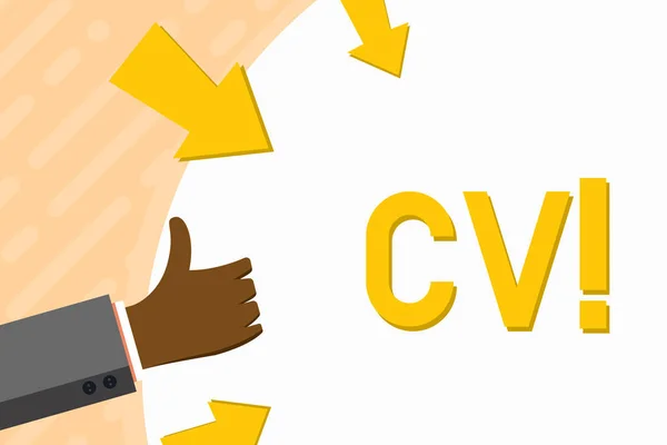 Texte d'écriture de mots Cv. Concept d'entreprise pour Curriculum Vitae Reprendre Infographies Recherche d'emploi Recrutement d'employés Poignées levées et maintien de l'espace vide Forme ronde avec flèches . — Photo