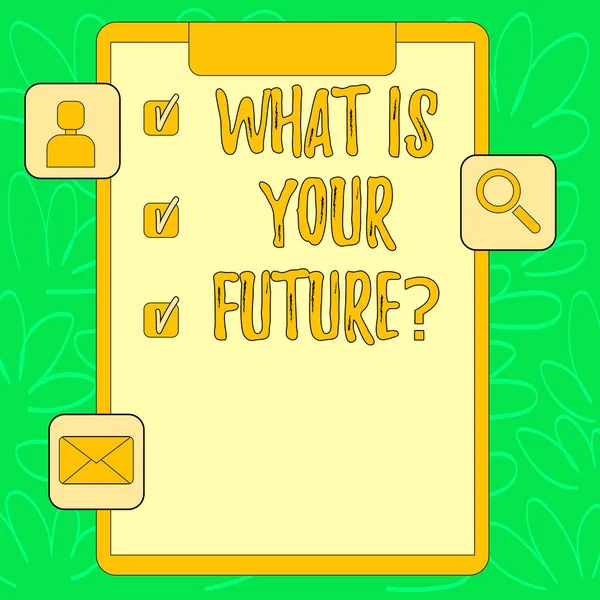 Fogalmi kézi írás, mi a Futurequestion mutatja. Üzleti fénykép szöveg Hol látod magad a következő évben vágólap jelölőnégyzetet és alkalmazások értékelése és emlékeztető. — Stock Fotó
