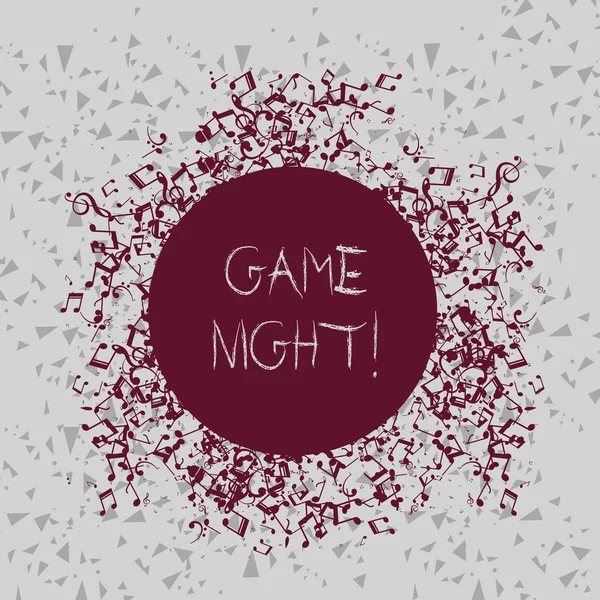 Manuscrito texto escrevendo Game Night. Conceito significado geralmente é chamado em datas de jogo adulto como poker com amigos desarrumado e saltou notas musicais ícone circundante círculo colorido em branco . — Fotografia de Stock