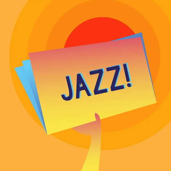 Texte écrit Jazz. Concept d'entreprise pour Type de musique d'origine noire américaine Genre musical Rythme fort Tenue à la main et élévation de l'espace vide Dossier coloré avec feuille à l'intérieur . — Photo