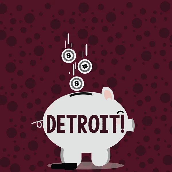 Escribiendo una nota que muestra Detroit. Foto de negocios mostrando la ciudad en los Estados Unidos de América Capital de Michigan Motown Piggy Bank Sideview y monedas de dólar cayendo a la hendidura . — Foto de Stock