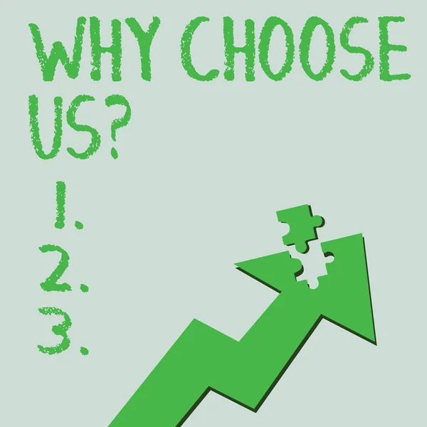 Text sign showing Why Choose Us Question. Conceptual photo list of advantages and disadvantages to select product service Colorful Arrow Pointing Upward with Detached Part Like Jigsaw Puzzle Piece. — Stock Photo, Image