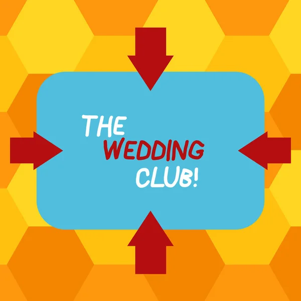 手書き文字の書き込み、結婚式クラブ。ビッグ カップルのスローが 4 辺の空白長方形図形を指す内側写真を取得結婚して矢印をパーティー コンセプト意味場所. — ストック写真
