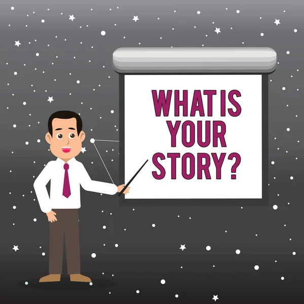 Tekst pisma jakie jest Twoje Storyquestion. Koncepcję co oznacza demonstratingal Telling przeszłych doświadczeń człowieka opowiadanie w krawat rozmowy trzymając kij wskazując na pusty biały ekran na ścianie. — Zdjęcie stockowe