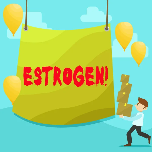 Znak textu zobrazeno Estrogen. Konceptuální fotografie skupiny hormonů podporovat rozvoj charakteristik muž nesoucí hromadu z krabic s prázdné plachta v centru a balónky. — Stock fotografie