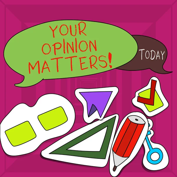 Writing note showing Your Opinion Matters. Business photo showcasing show you do not agree with something that just been said Two Speech Balloon and Different Labels Sticker Style Icons.