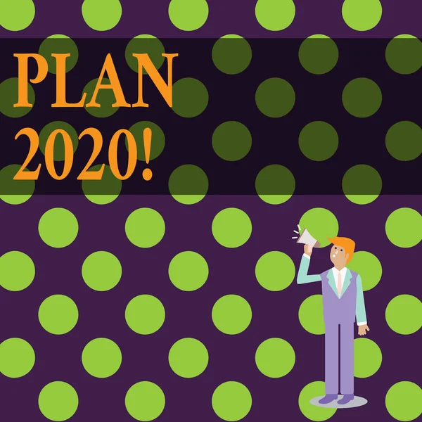 Ecriture conceptuelle montrant le Plan 2020 Texte photo d'affaires proposition détaillée faire quelque chose l'année prochaine Homme d'affaires levant les yeux et parlant sur mégaphone avec l'icône du volume . — Photo