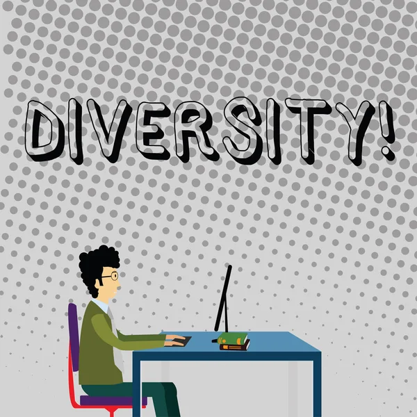 Handwriting text Diversity. Concept meaning Being Composed of different elements Diverse Variety Multiethnic Businessman Sitting Straight on Chair Working on Computer and Books on Table. — Stock Photo, Image