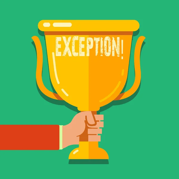 Word writing text Exception. Business concept for Person or thing that is excluded from general statement Different Hand Holding Blank Golden Championship Winners Cup Trophy with Reflection. — Stock Photo, Image