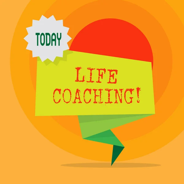 Texto de escritura de palabras Life Coaching. Concepto de negocio para demostrar empleado para ayudar a mostrar a alcanzar sus objetivos en la carrera Blank Space Green Two Tone Folded Back Banner Strip with Seal Stamp Sticker . —  Fotos de Stock