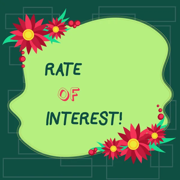 Tekst teken weergegeven: Rate Of Interest. Conceptuele foto bedrag in rekening gebracht, uitgedrukt als een percentage van de hoofdsom, lege ongelijke kleur vorm met bloemen rand voor kaarten uitnodiging advertenties. — Stockfoto