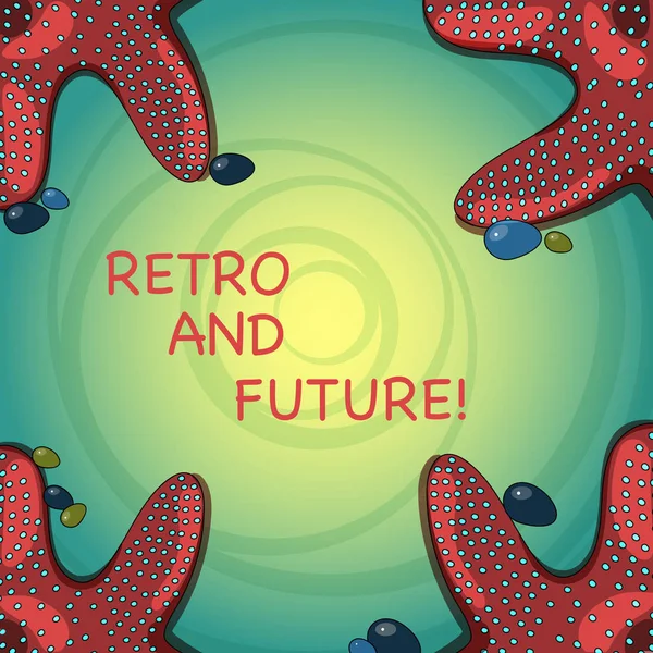 Handwriting text Retro And Future. Concept meaning optimistic version of future featuring flying cars robots Starfish photo on Four Corners with Colorful Pebbles for Poster Ads Cards. — 图库照片