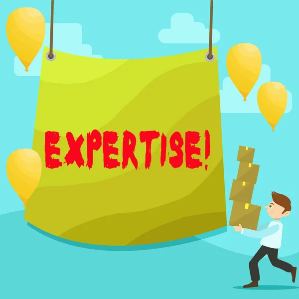 Text sign showing Expertise. Conceptual photo Expert skill or knowledge in a particular field Experience Wisdom Man Carrying Pile of Boxes with Blank Tarpaulin in the Center and Balloons. — 图库照片